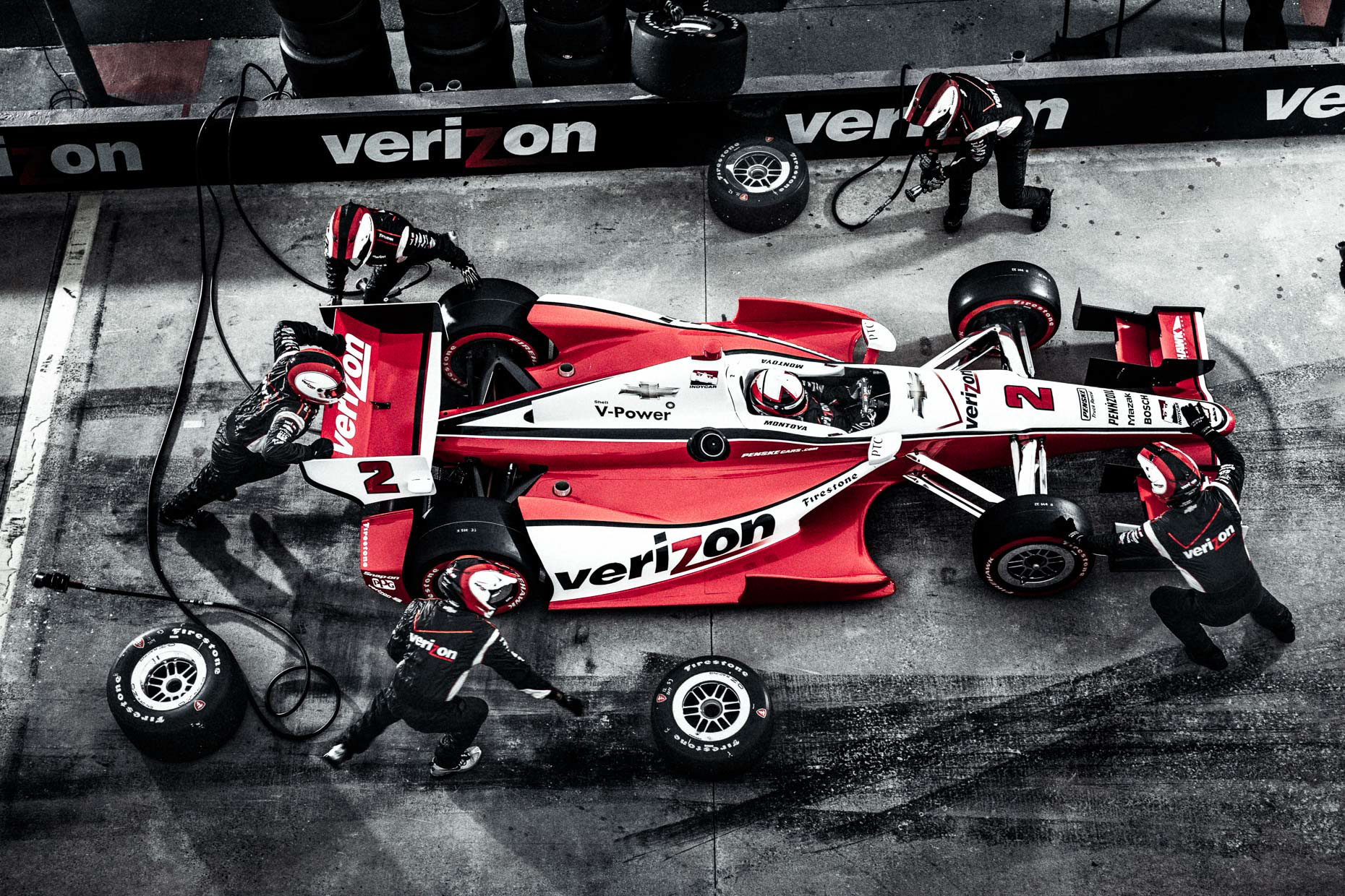 Arial pit stop Juan Pablo Montoya IndyCar Driver Team Penske Charlotte Motor Speedway by Andy Batt