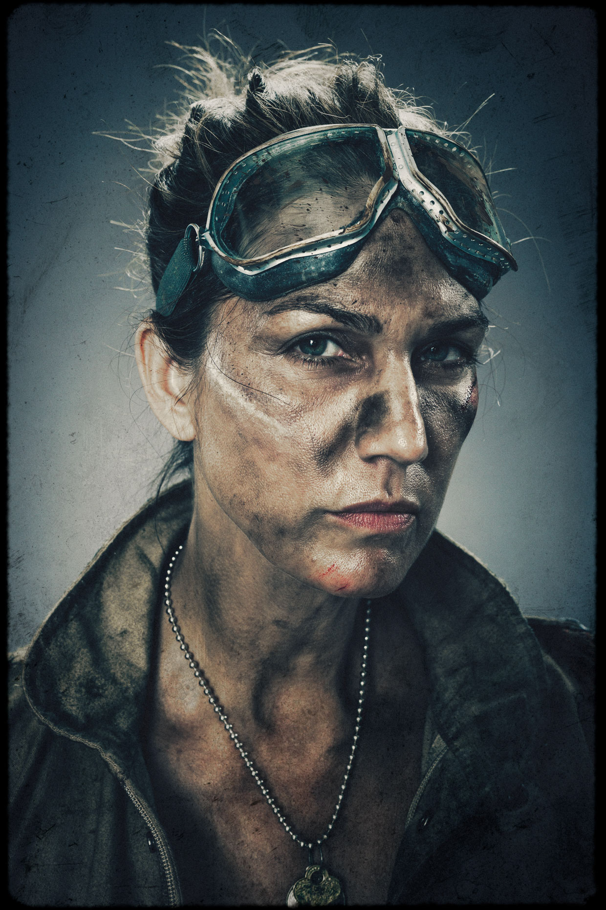 Charactrer portrait of model and actor Tina Kraft as Turner, one of 9 main characters. Introducing the apocalyptic world of Bad Choices, a visual screenplay and personal project by Andy Batt.