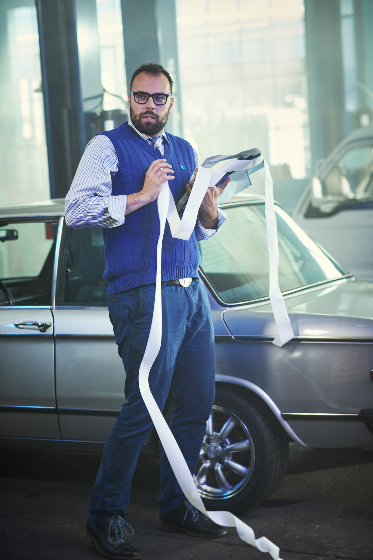Editorial portrait of improvisor Jay Flewelling plays a flustered accountant undercover agent in J-Names improv comedy. Poster art by Andy Batt