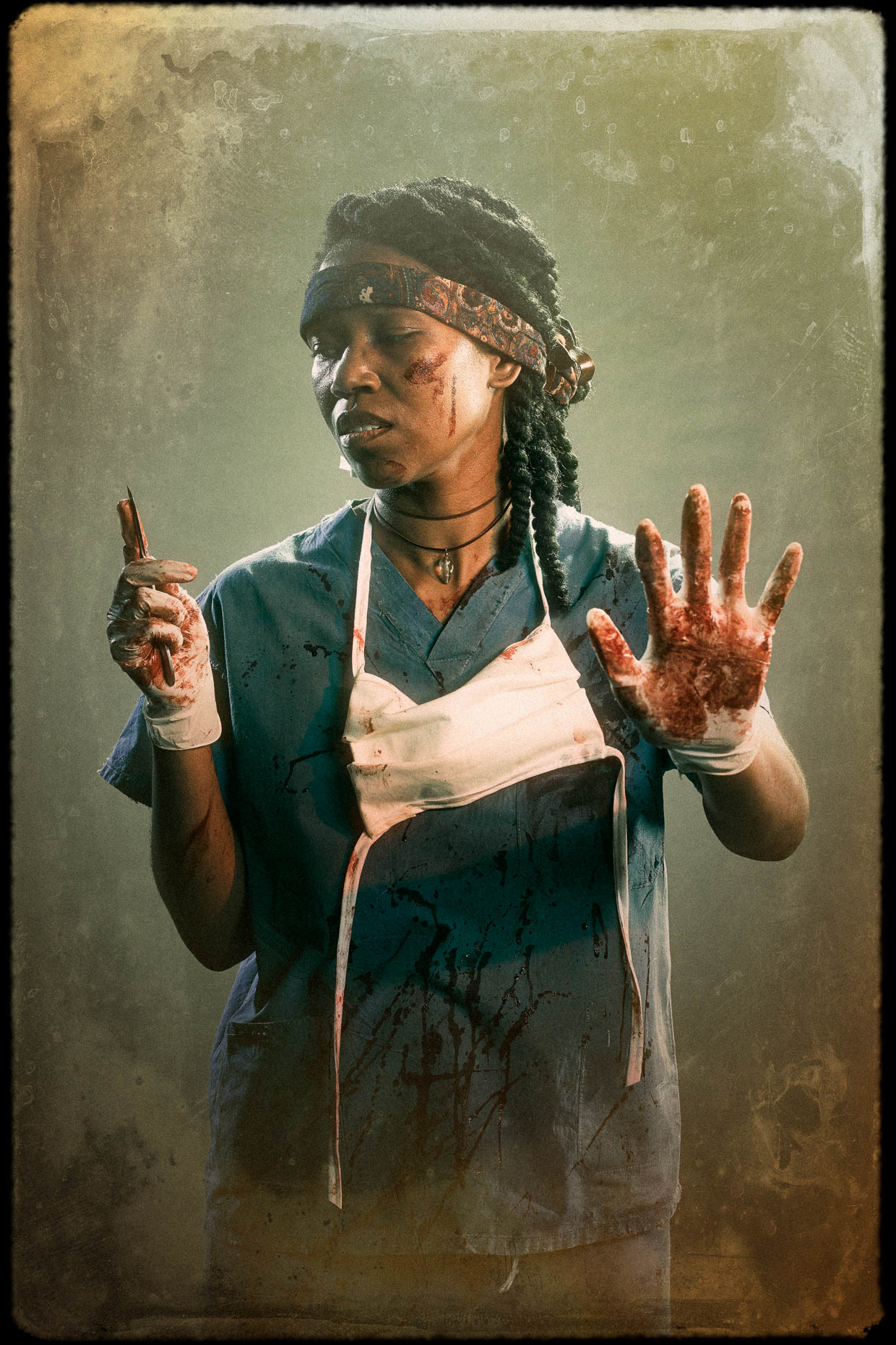 Character Portrait of actor Amber Starks as Livinia, one of 9 main characters. Introducing the apocalyptic world of the Bad Choices Project, a cinematic visual screenplay and personal project by Andy Batt.