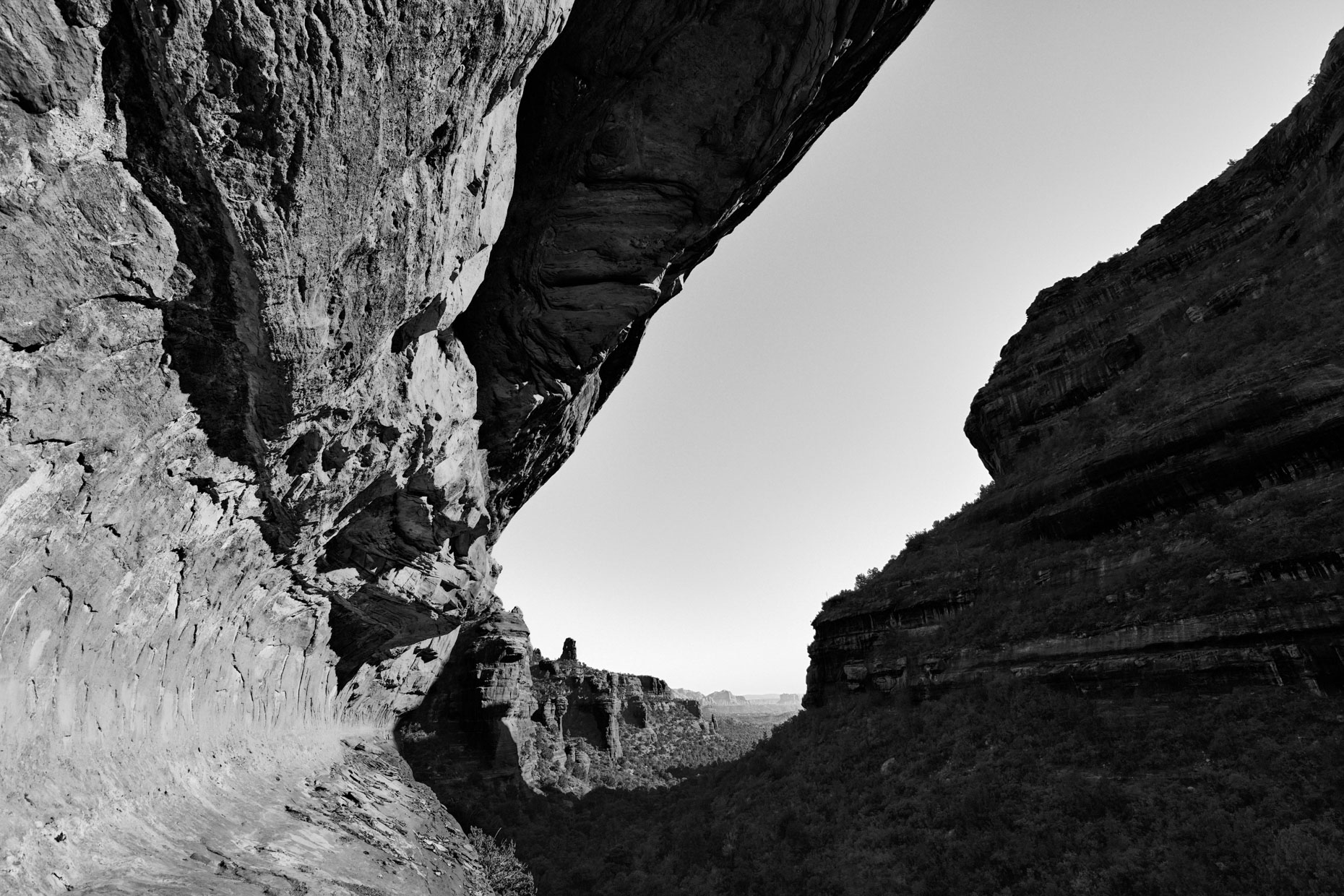 Canyon walls with formation in distance-b&w landscape arid Western canyon wall Fey Canyon Arizona