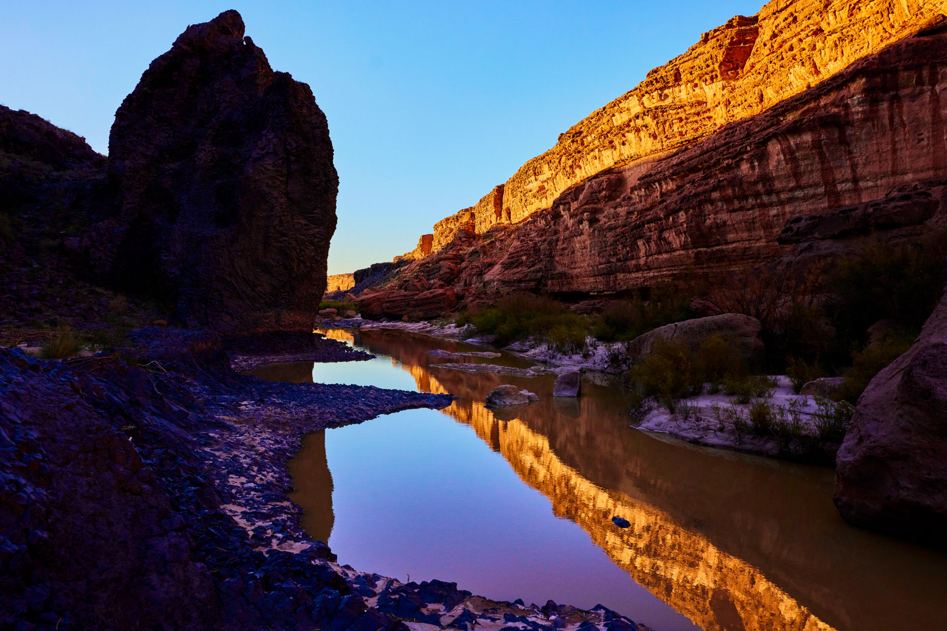 Grand Falls Sunset-sunset reflection of canyon in standing water